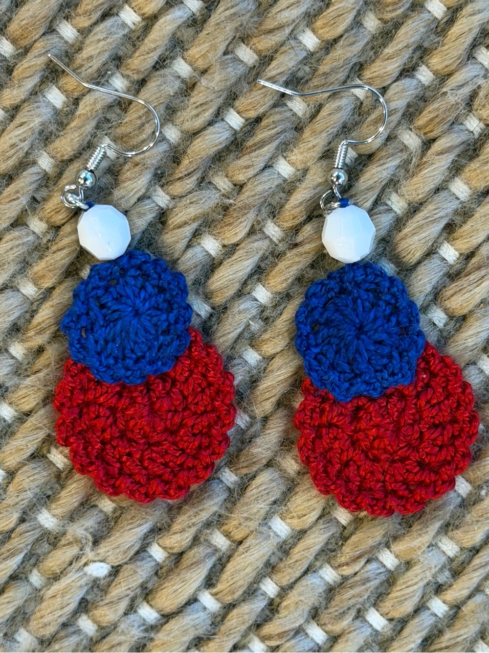 Hand Crafted Blue and Red Crochet Double-Disk Earrings